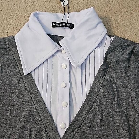 AmélieBoutik Women Shirt Collar Pleated 2 in 1 Style Pullover Blouse Top Gray S - Picture 8 of 12